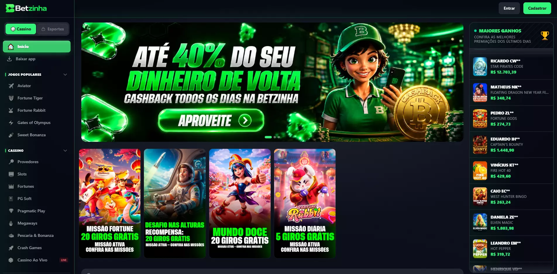 Preview da plataforma betzinha.net